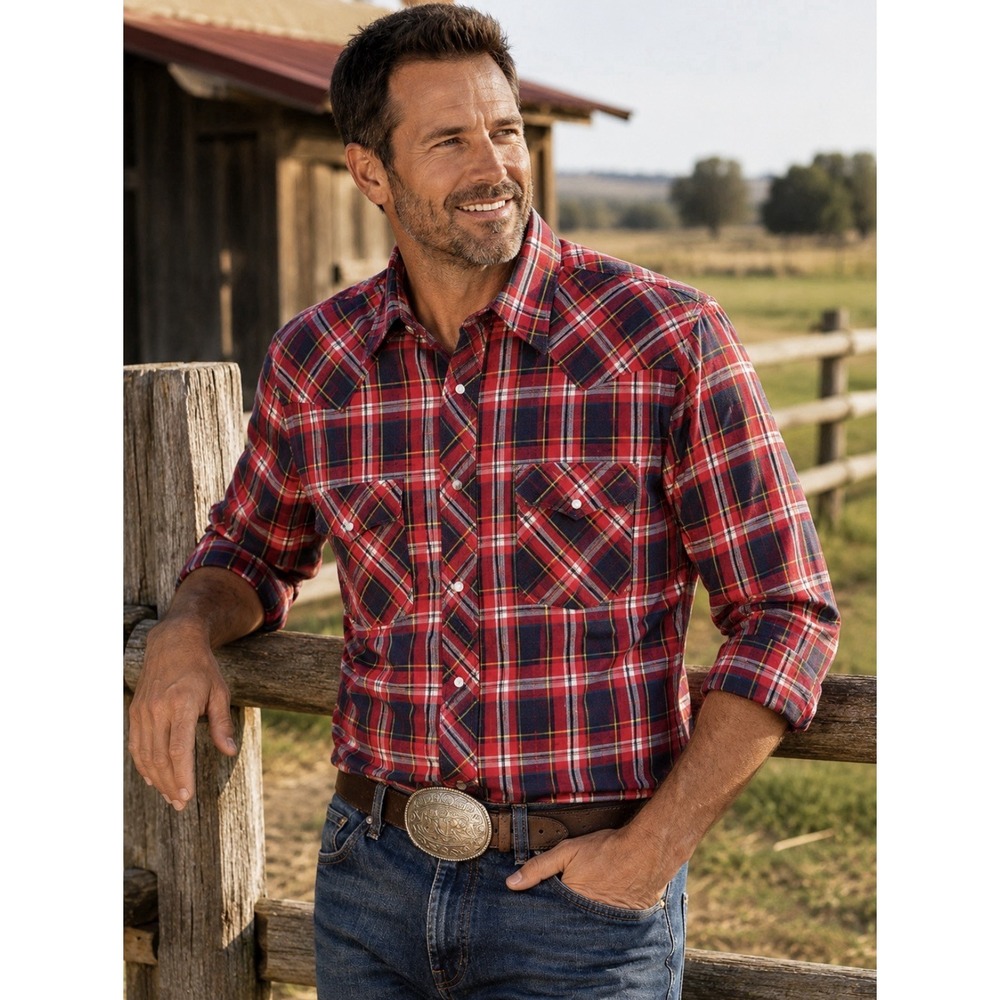 Wrangler X-Long Tails Red Pearl Snap Shirt - LS - Plaid 16 1/2 x 34 - Size L